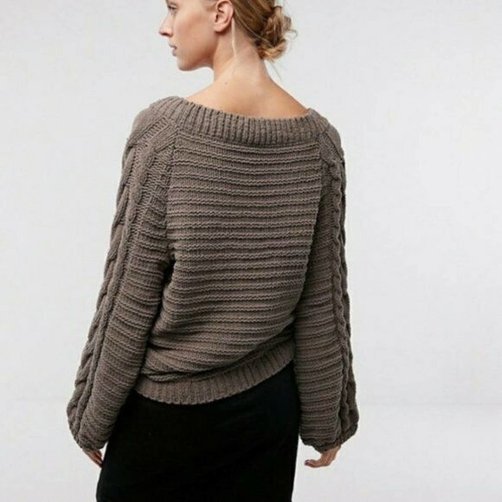 Express Cable Knit Balloon Sleeve Tan Sweater - Picture 2 of 11